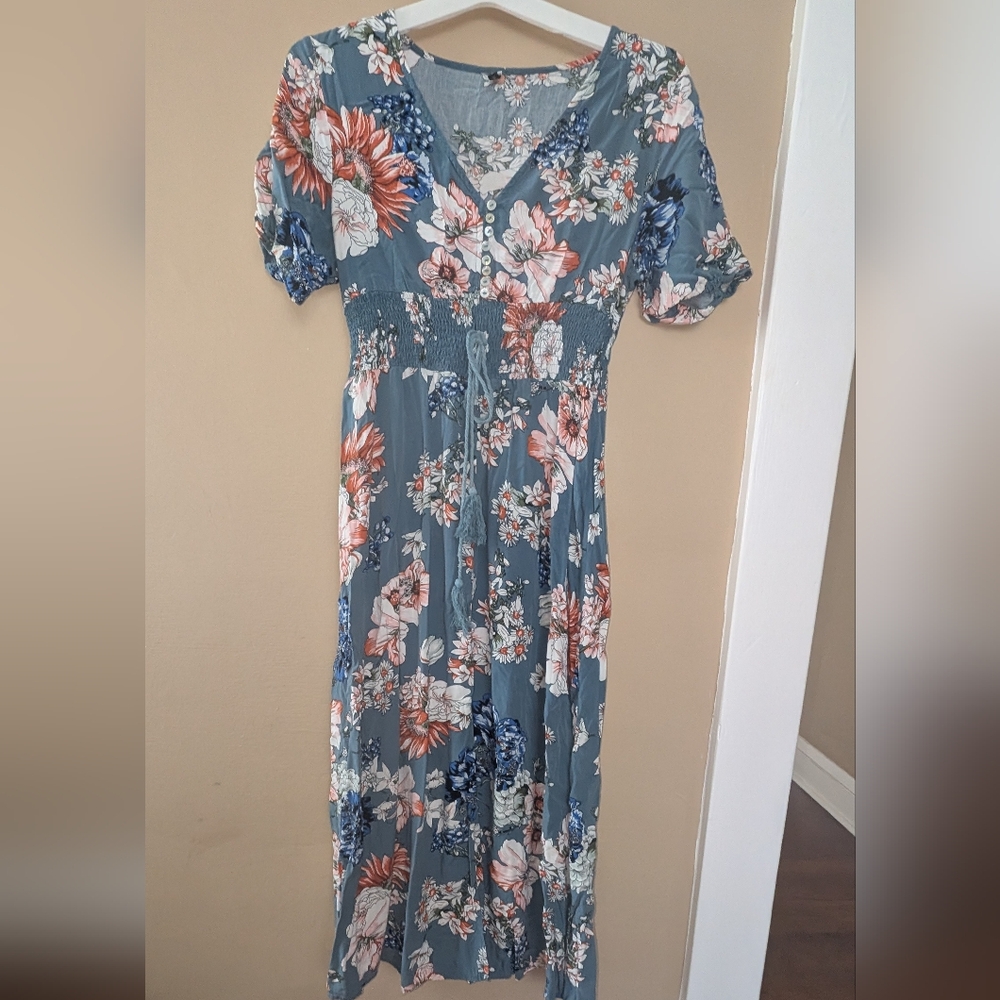 Floral Midi Dress in Blue and Pink